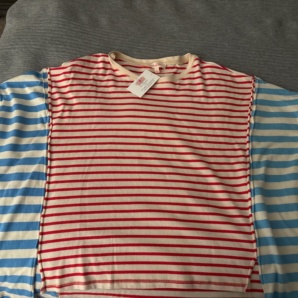 LT BLUE/RED MULTI STRIPE COLOR BLOCK OVERSIZED CROPPED TOP